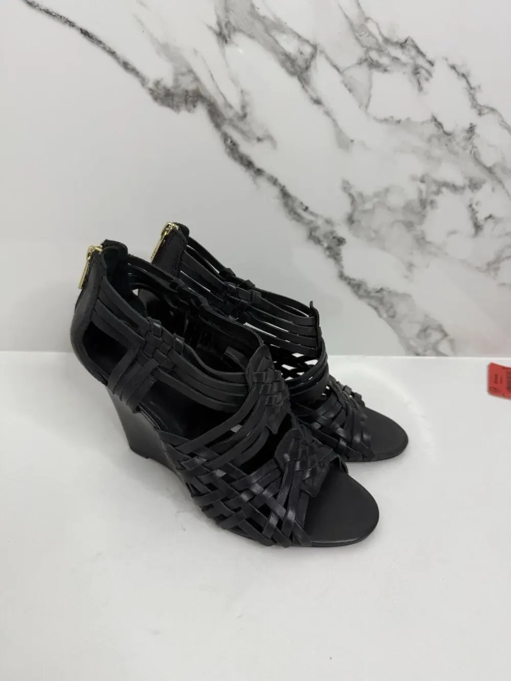 Tory Burch Tevray Huarache Black Wedge Strappy Leather Sandals Women's Size 9
